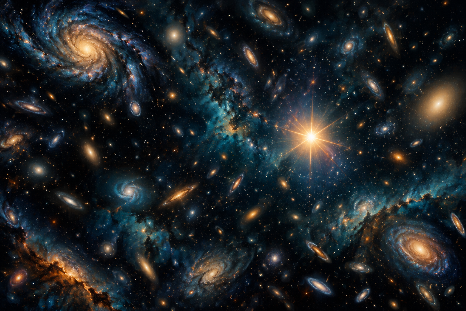 Artistic panorama of many galaxies surrounding a bright central star